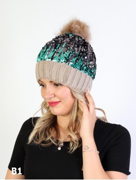 Sequin Scale “Color Changing”  Knitted Hat With Pom Pom